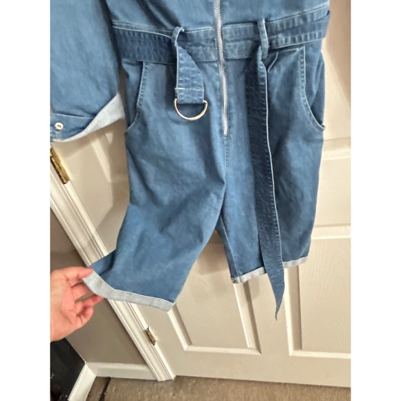 MEBON Denim Utility Jumpsuit Shorts Set Belted Zip Front Short Sleeve Women's M - Picture 6 of 12